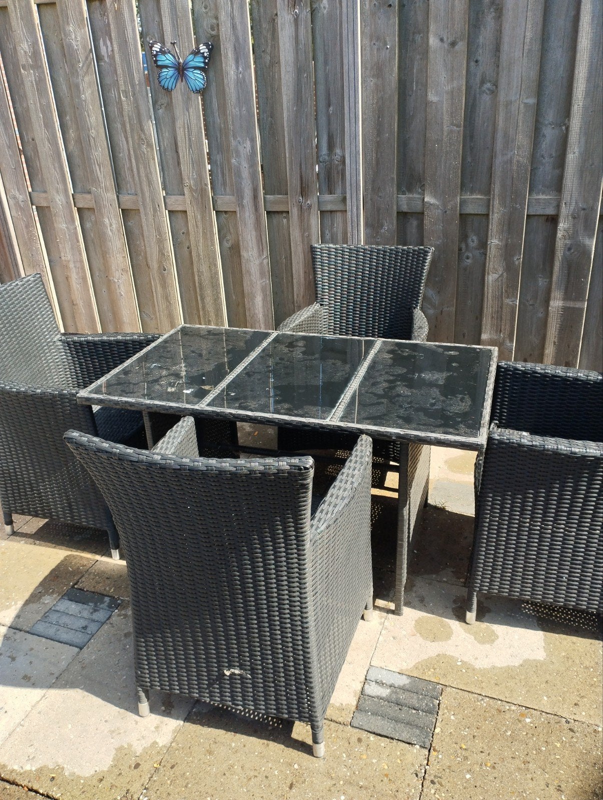 Wicker tuinset met glazen tafel en 4 stoelen, Tuin en Terras, Ophalen, Wicker, Eettafel, 4 zitplaatsen