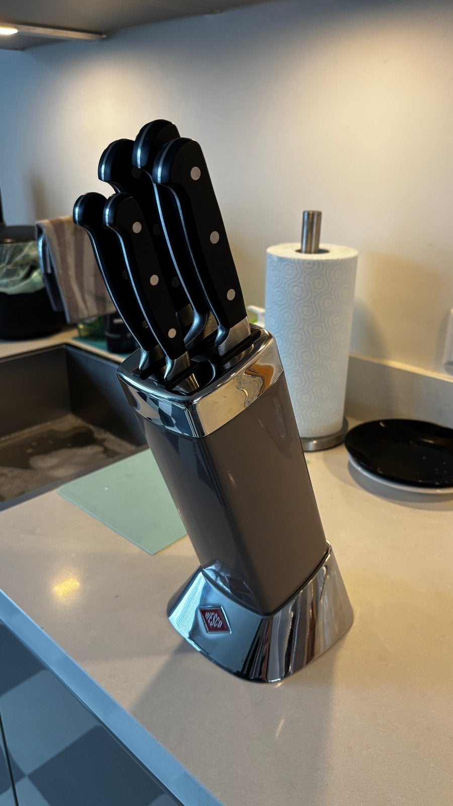 Wesco messenblok met 5-delige messenset, Los bestek, Ophalen of Verzenden, Zo goed als nieuw, Rvs of Chroom