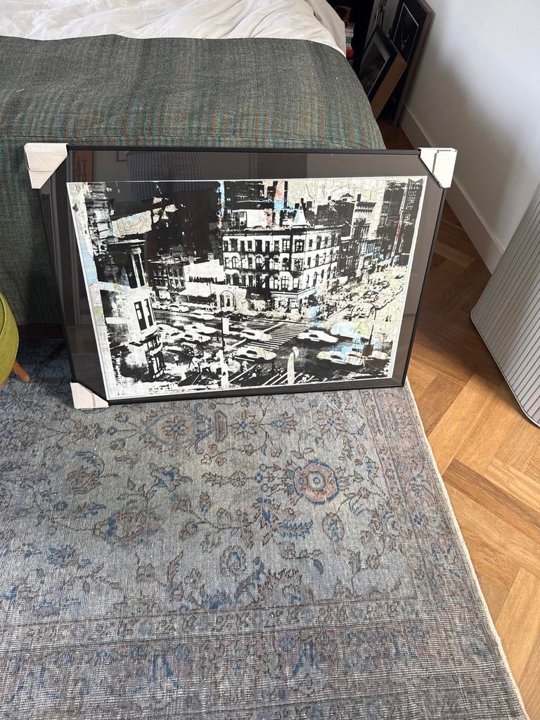 Blokprint New York City op vintage kaart, ingelijst, Antiek en Kunst, Ophalen