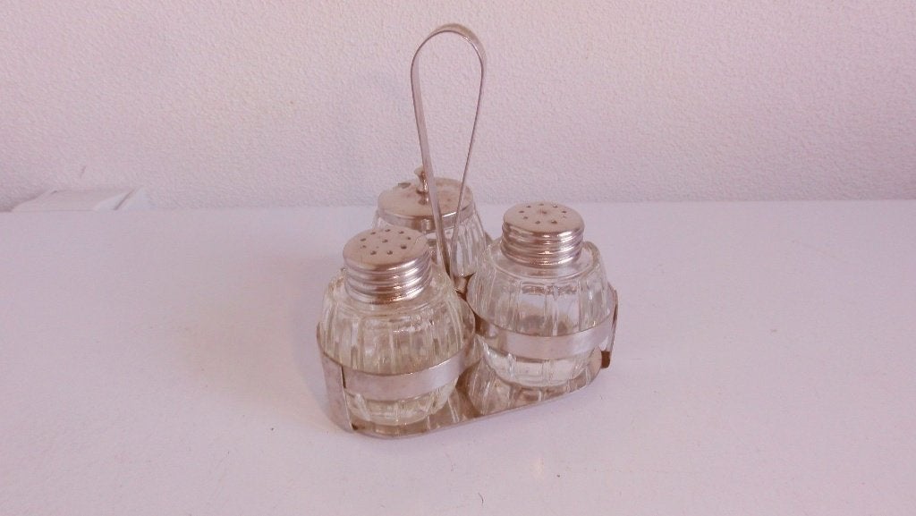 Peper en zoutstel, driedelig glas, antiek, Ophalen of Verzenden