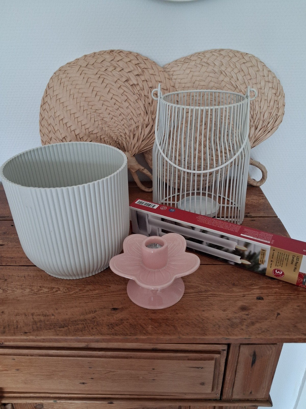 Set woondecoratie: Waaiers/kandelaars/ led kaarsen/ bloempot, Ophalen of Verzenden, Nieuw