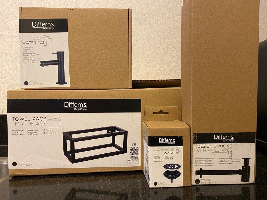 Differnz Force Fonteinset – keramiek + gebogen kraan (zwart), Doe-het-zelf en Verbouw, Ophalen of Verzenden, Nieuw, Rvs, Overige typen