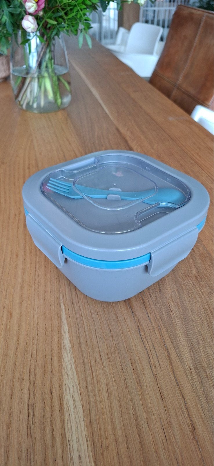Royal VKB Lunchbox met vakjes en bestek - Grijs/Blauw, Gebruikt, Kunststof, Ophalen of Verzenden, Broodtrommel