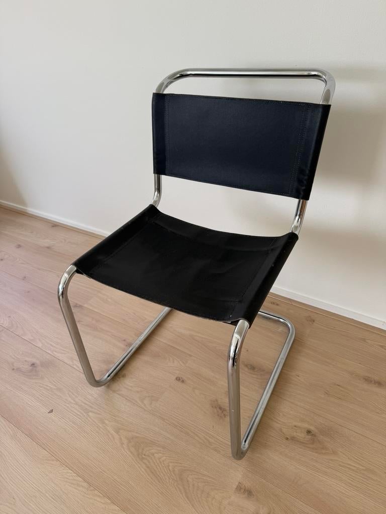 Chroom bauhaus style stoel, Ophalen, Zwart, Leer, Zo goed als nieuw