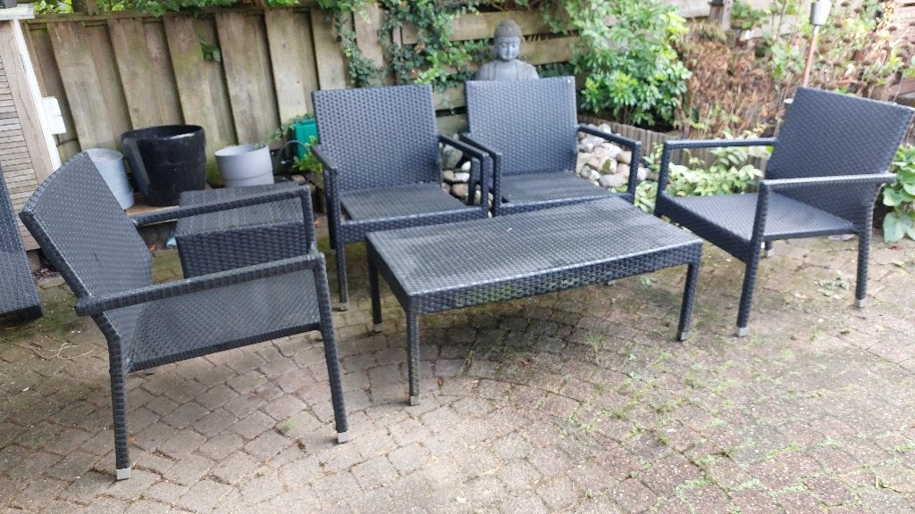 Grijs gevlochten tuinset, Tuin en Terras, Ophalen, 4 zitplaatsen, Bijzettafel, Zo goed als nieuw