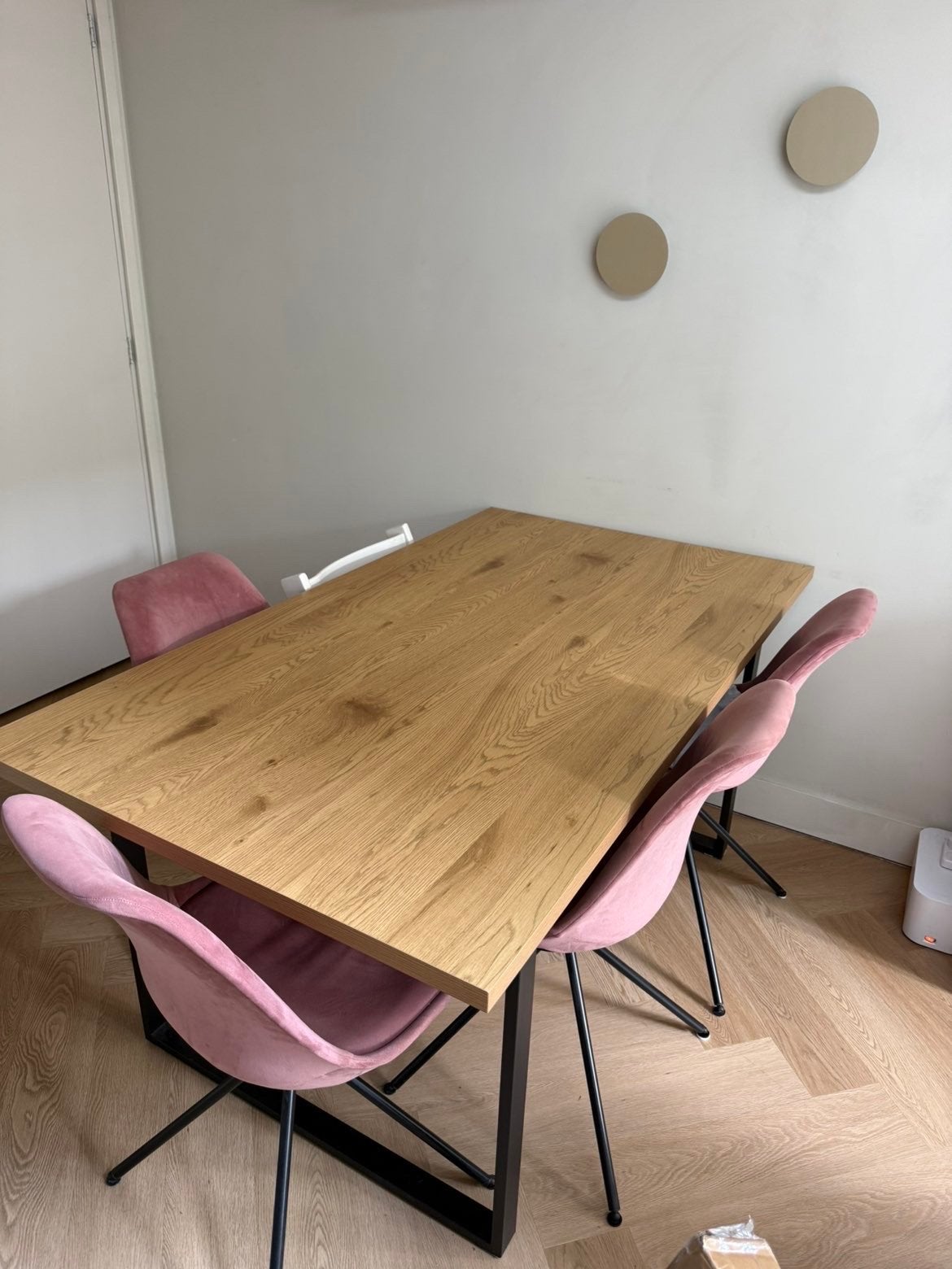 Eikenhouten eettafel met zwart metalen onderstel, Huis en Inrichting, Ophalen, Overige materialen, 50 tot 100 cm, Zo goed als nieuw
