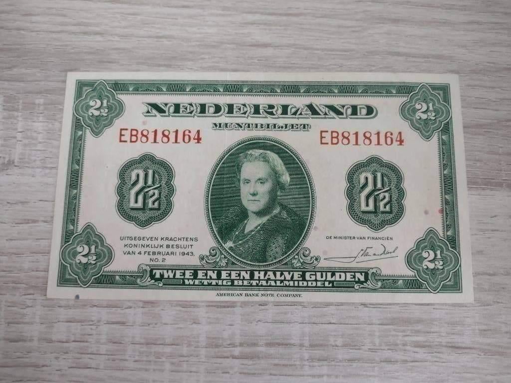 Prachtig biljet 2,5 gulden 1943, muntbiljet Wilhelmina, Ophalen of Verzenden, 1 gulden