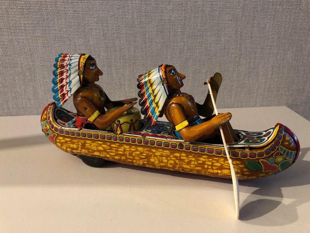 blikken speelgoed- indianen in een kano, Ophalen of Verzenden