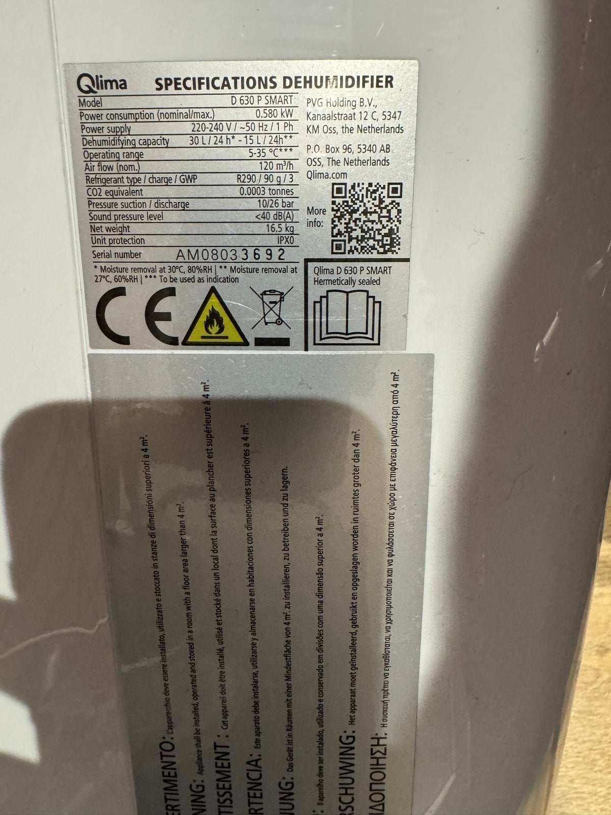 Qlima D 630 P SMART Mobiele Ontvochtiger - Zo goed als nieuw, Ophalen, Minder dan 60 m³, 3 snelheden of meer, Zo goed als nieuw