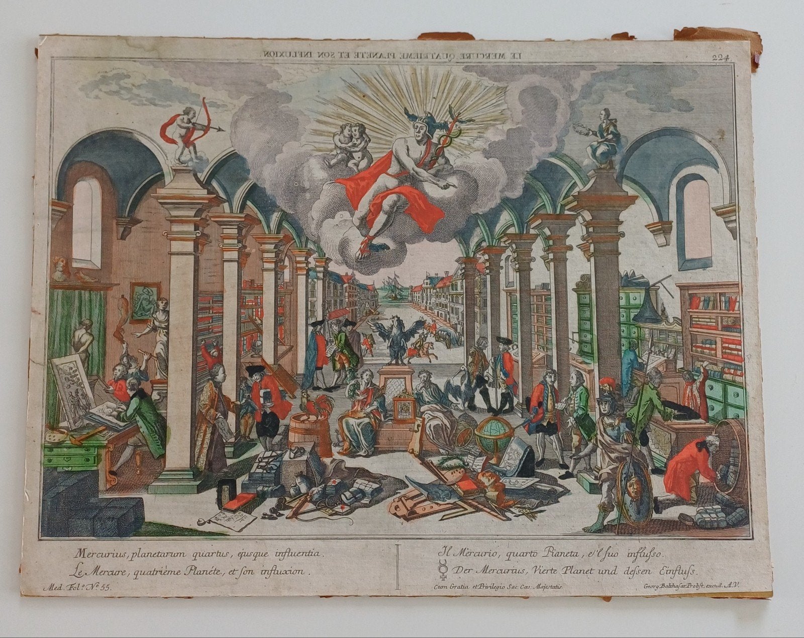 Originele kopergravure Mercurius, 18e eeuw, handgekleurd, Antiek en Kunst, Kunst | Etsen en Gravures, Mythologie, Ophalen of Verzenden