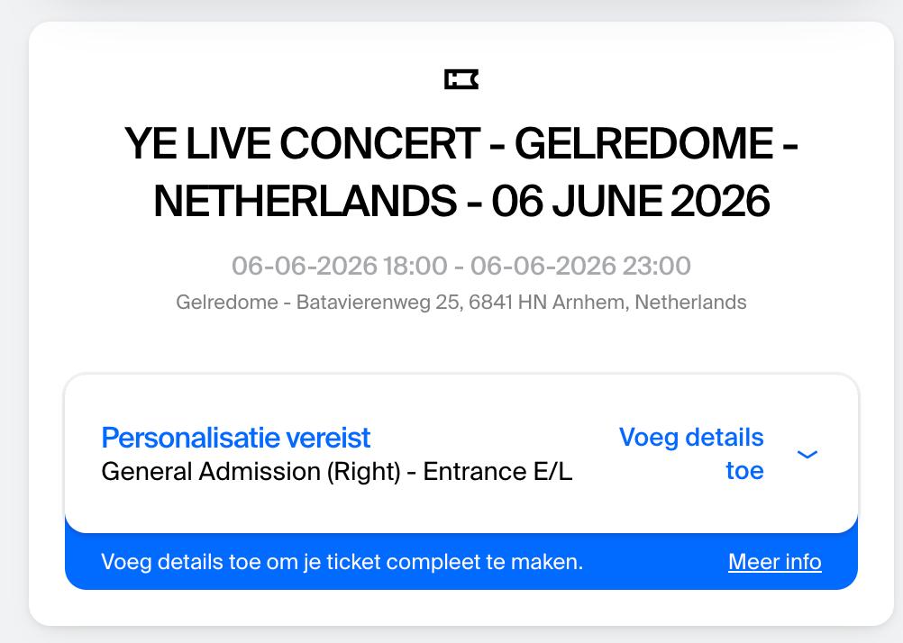 YE - KANYE WEST - LIVE - 1X STANDING - 6 JUNI - GELREDOME, Tickets en Kaartjes, Eén persoon, Juni