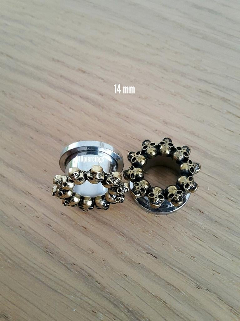 Nieuwe tunnels, pluggen. Staal. Skulls. 6, 16 mm., Ophalen of Verzenden, Zo goed als nieuw, Staal, Oor- of Traguspiercing