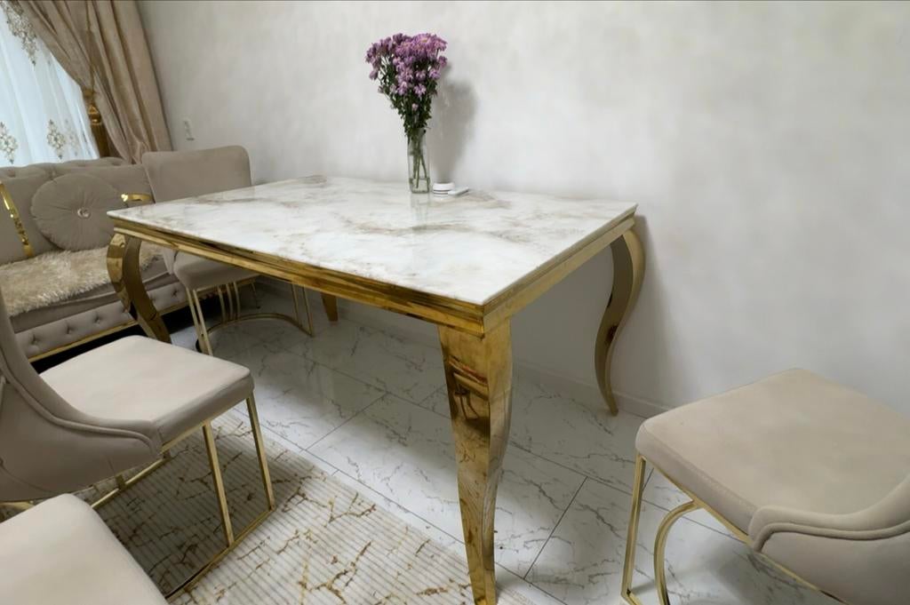 Luxe eettafel met marmerlook blad en gouden poten, Ophalen of Verzenden, Zo goed als nieuw, 50 tot 100 cm, Minder dan 100 cm