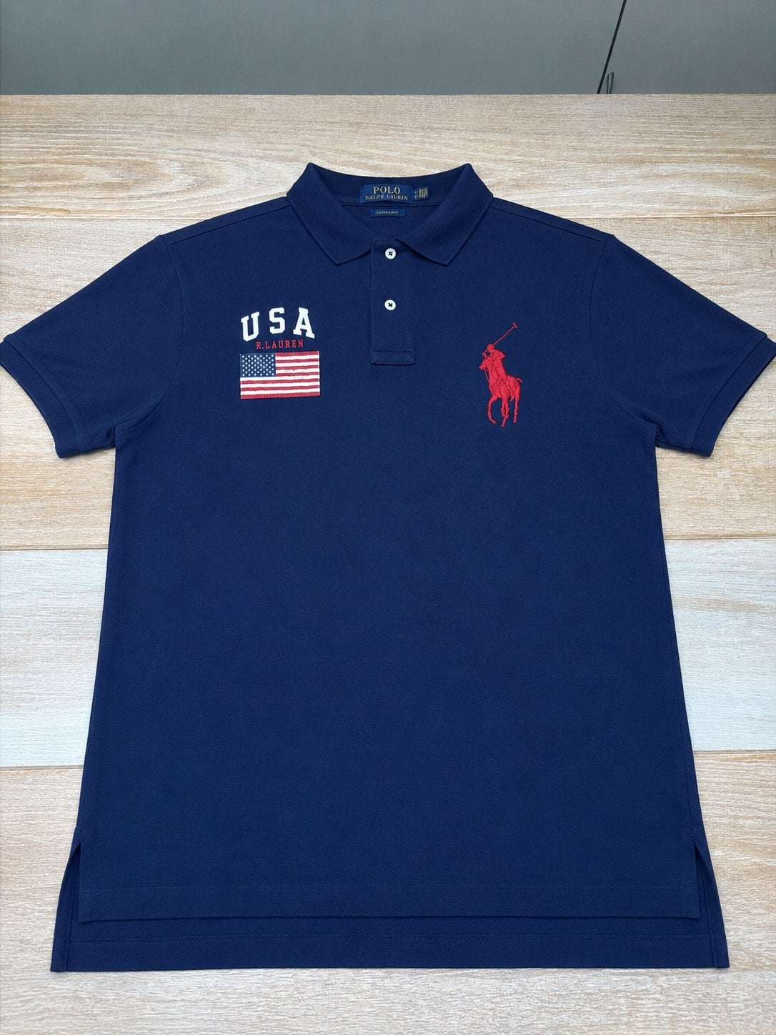 Polo Ralph Lauren Custom Fit USA Polo Shirt Maat L, Ophalen of Verzenden, Gedragen, Maat 52/54 (L), Blauw