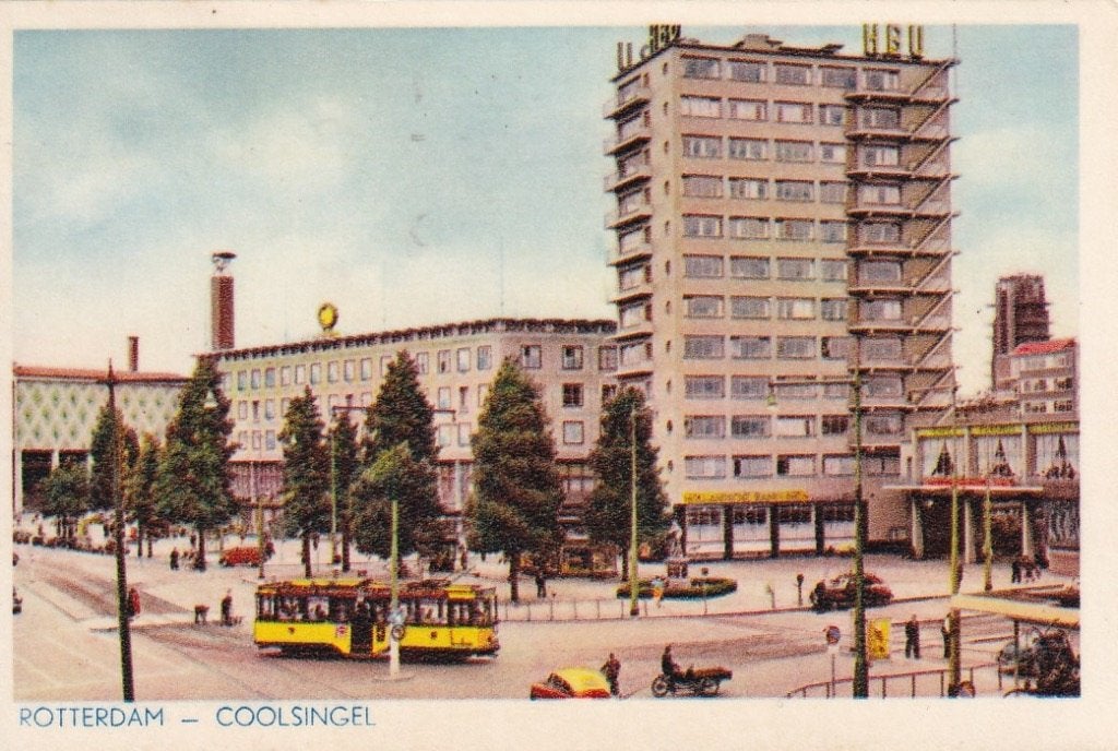 747X Rotterdam panorama Coolsingel flat HBU-bank, tram, Ophalen of Verzenden, 1940 tot 1960, Gelopen, Zuid-Holland