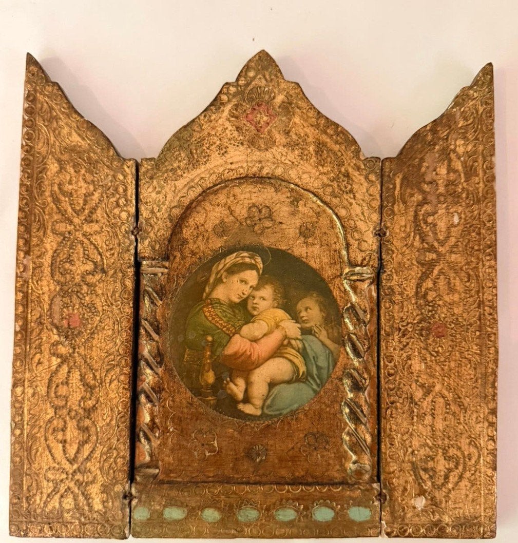 Vintage Italian Florentine Gilt Wood Triptych 18x19, Ophalen of Verzenden