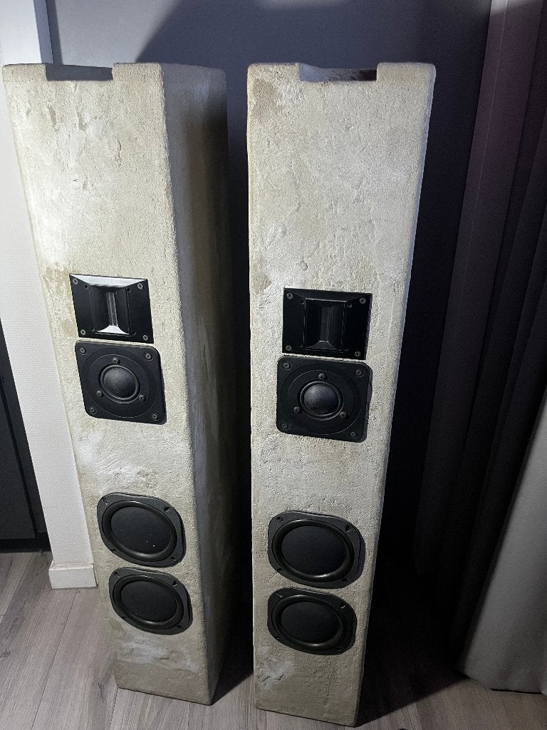 Pied Piper Aura zuilspeakers - zelfbouw, betonlook, Stereo speakers, Gebruikt, 60 tot 120 watt, Ophalen