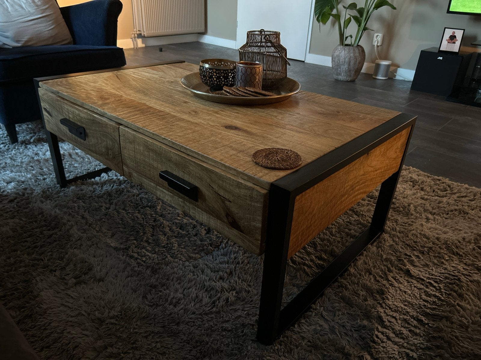 Salontafel mangohout met zwart metalen frame - 100x60x40 cm, Ophalen, 100 tot 150 cm, 50 tot 100 cm, Zo goed als nieuw