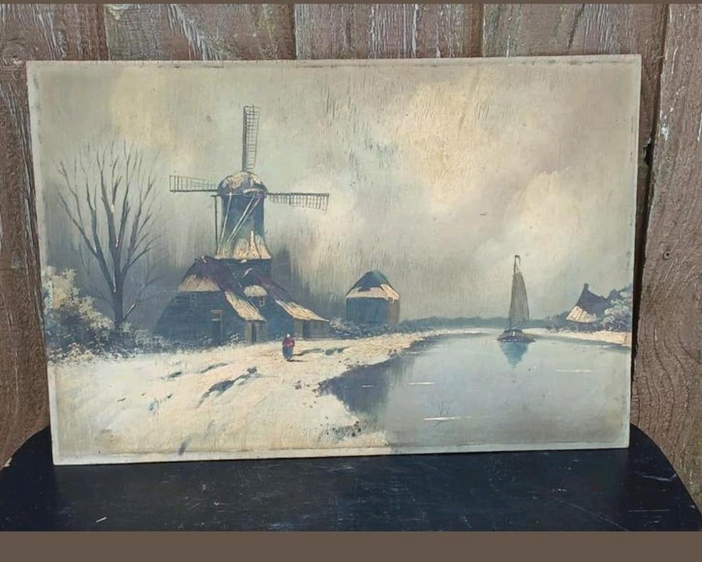 Schilderij met molen en winterlandschap op paneel, Ophalen of Verzenden