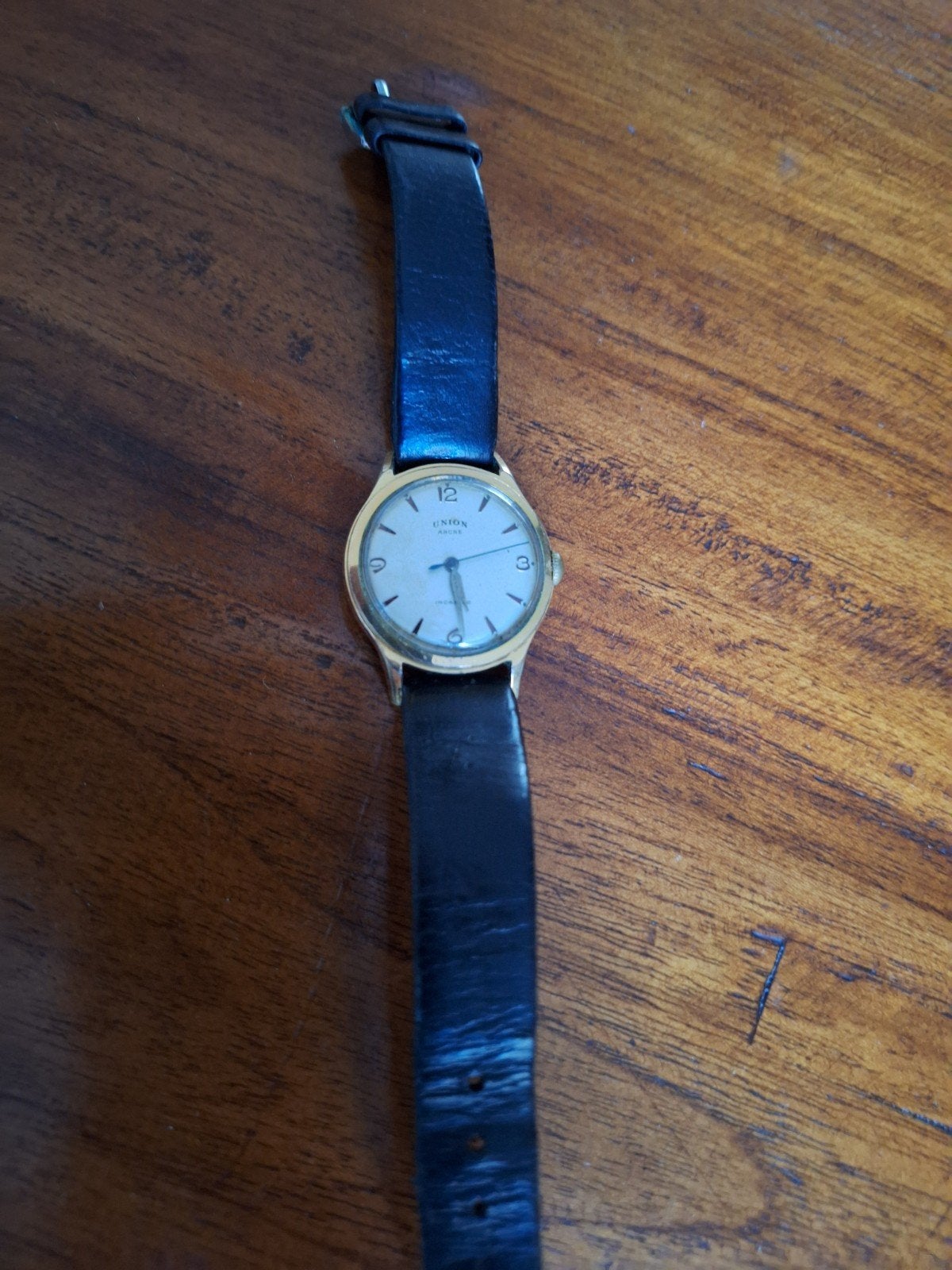 Vintage Union Polshorloge - Verguld met Leren Band, Ophalen of Verzenden, Gebruikt, Leer, Overige merken