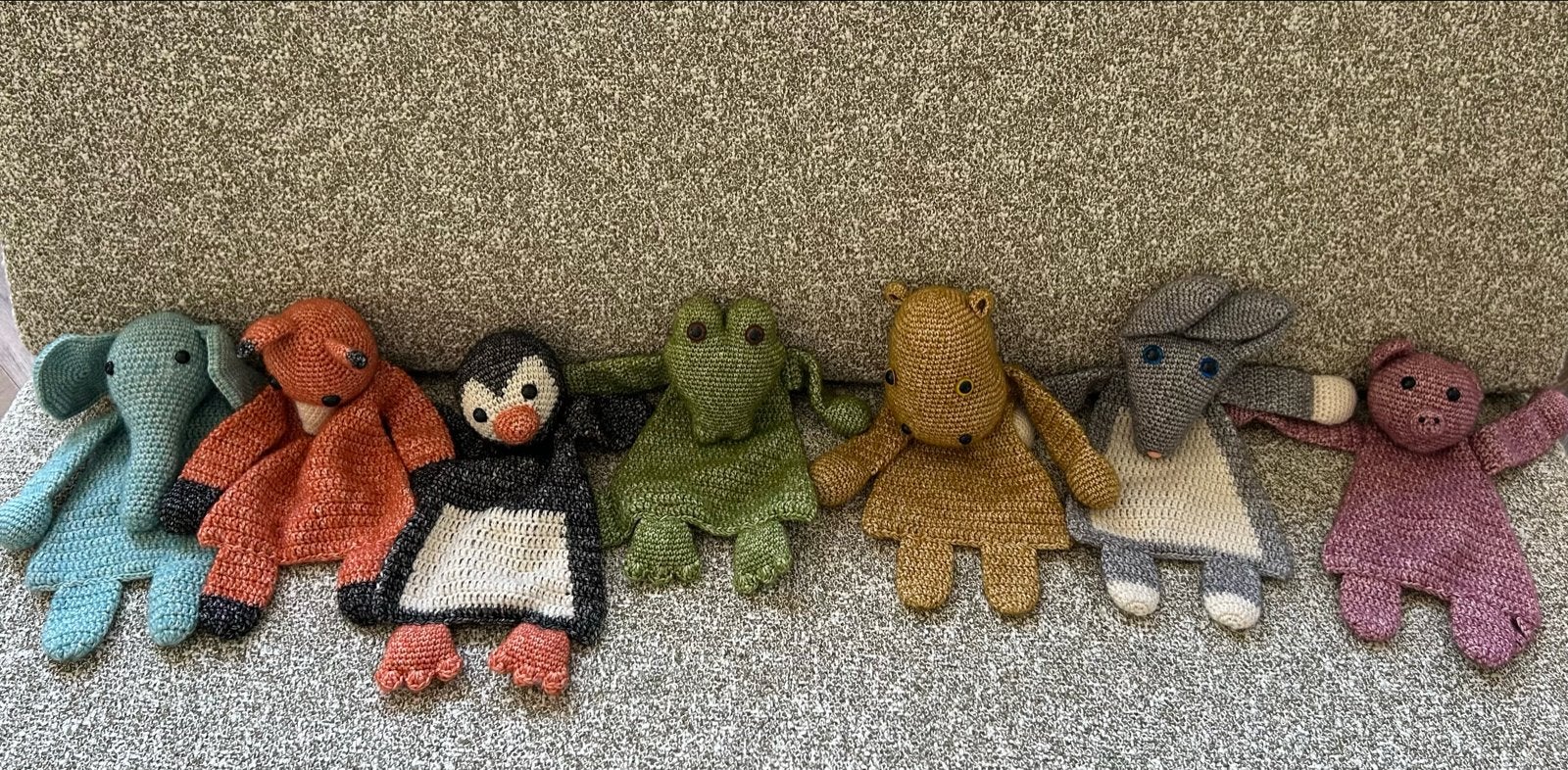 Gehaakte lappenpoppen set van 7 dieren Sascha Blase, Overige merken, Blauw, Nieuw, Ophalen of Verzenden