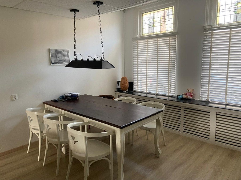 Grote houten eettafelset met stoelen, Ophalen, Gebruikt, 200 cm of meer, 50 tot 100 cm