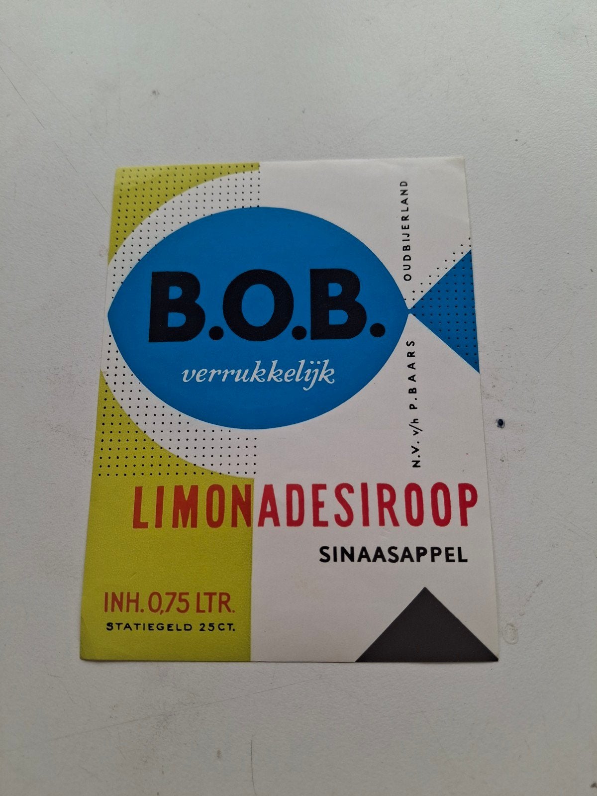etiket Limonade siroop B.O.B Oud-Beijerland., Verzamelen, Ophalen of Verzenden, Zo goed als nieuw, Overige typen