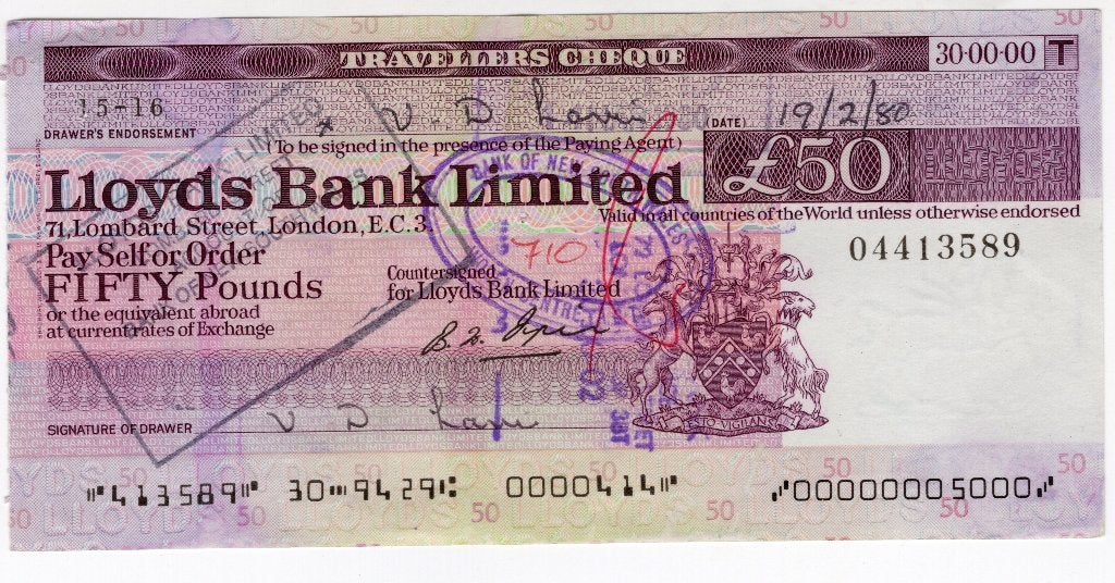 Engeland Lloyd bank cheque hoge waarde 50 Pounds, Verzenden, Overige landen