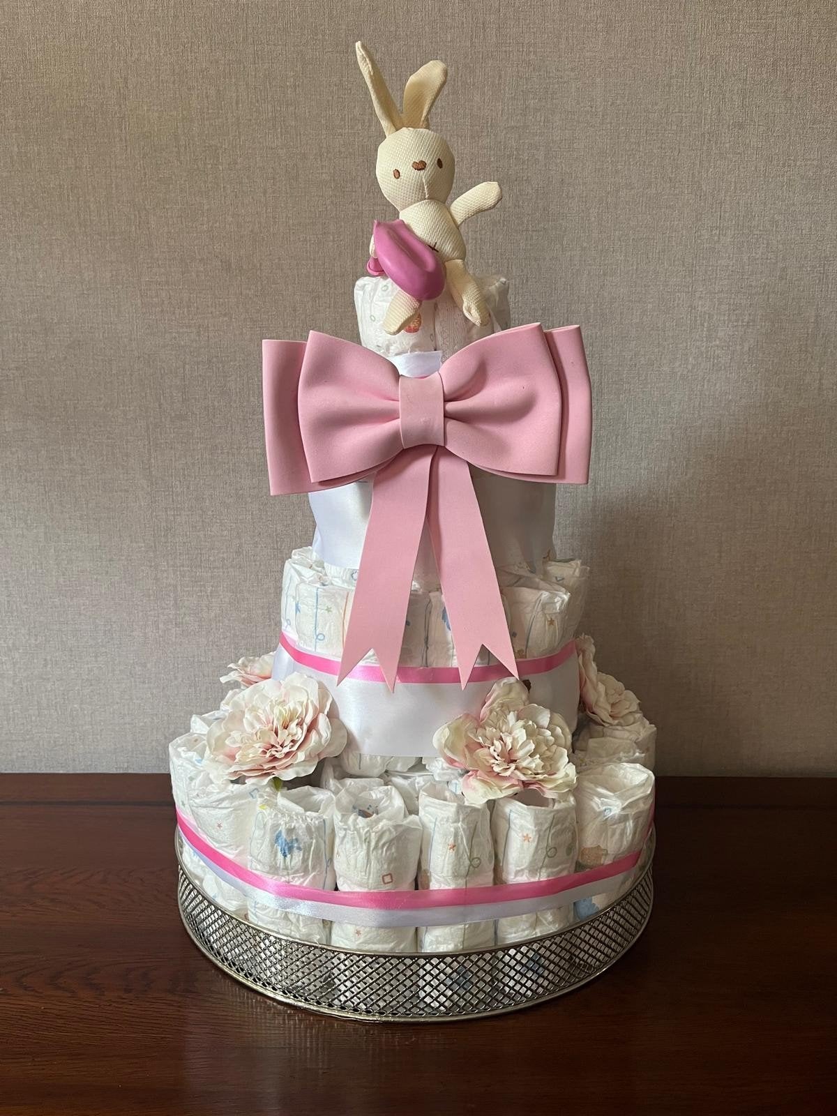 Luiertaart met zilverkleurig dienblad - Roze, Ophalen of Verzenden, Nieuw, Kraamcadeau