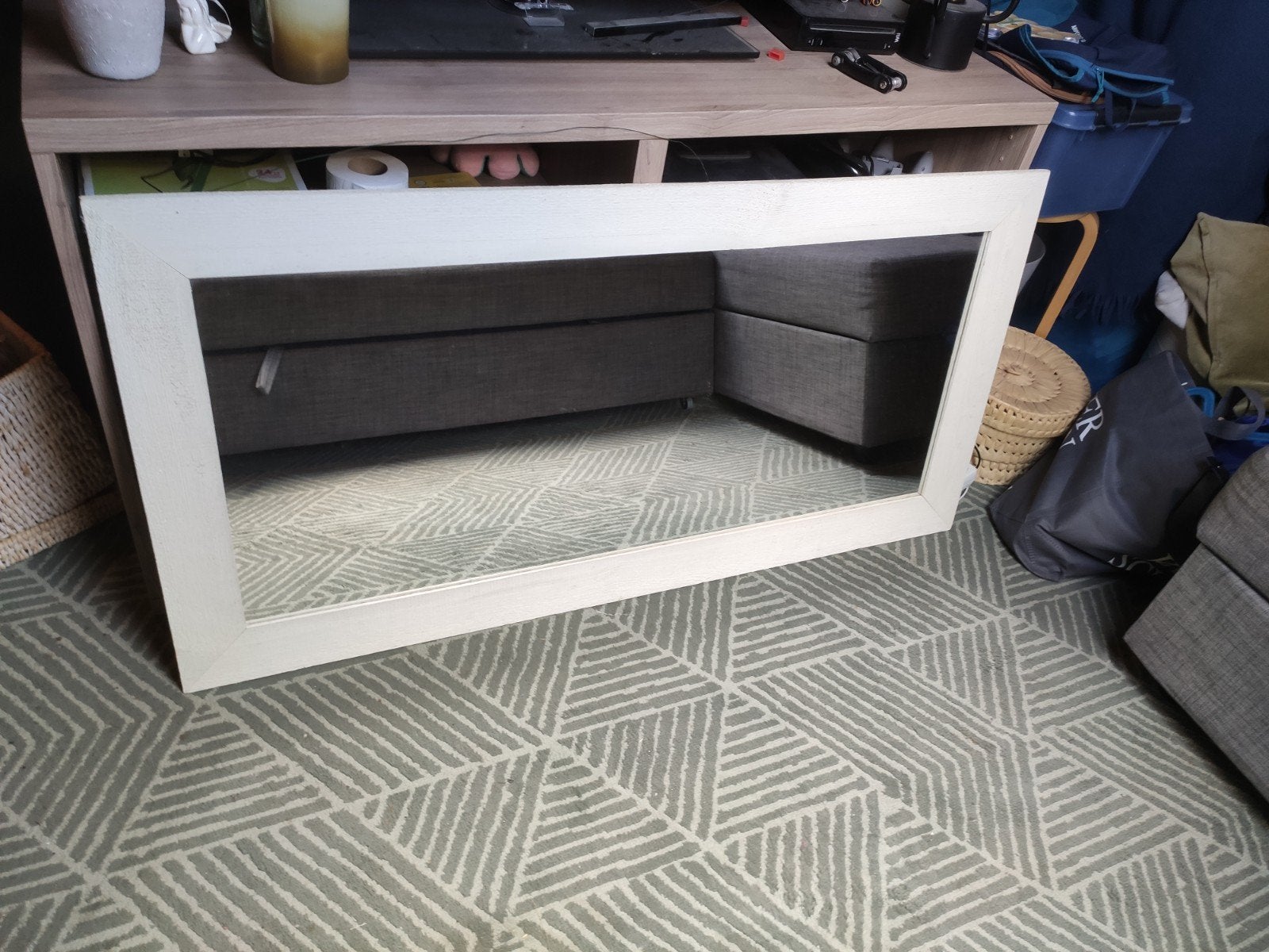 Grote spiegel met houten lijst, Ophalen, Zo goed als nieuw, Minder dan 100 cm, Rechthoekig