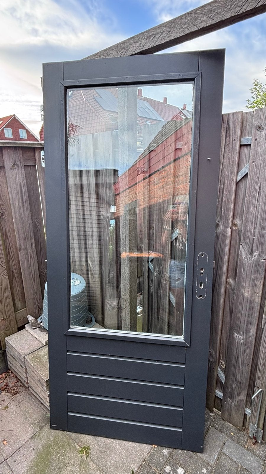 Hardhouten buitendeur met dubbelglas, 3-puntssluiting 211x93, Doe-het-zelf en Verbouw, Ophalen, Gebruikt, 80 tot 100 cm, Buitendeur