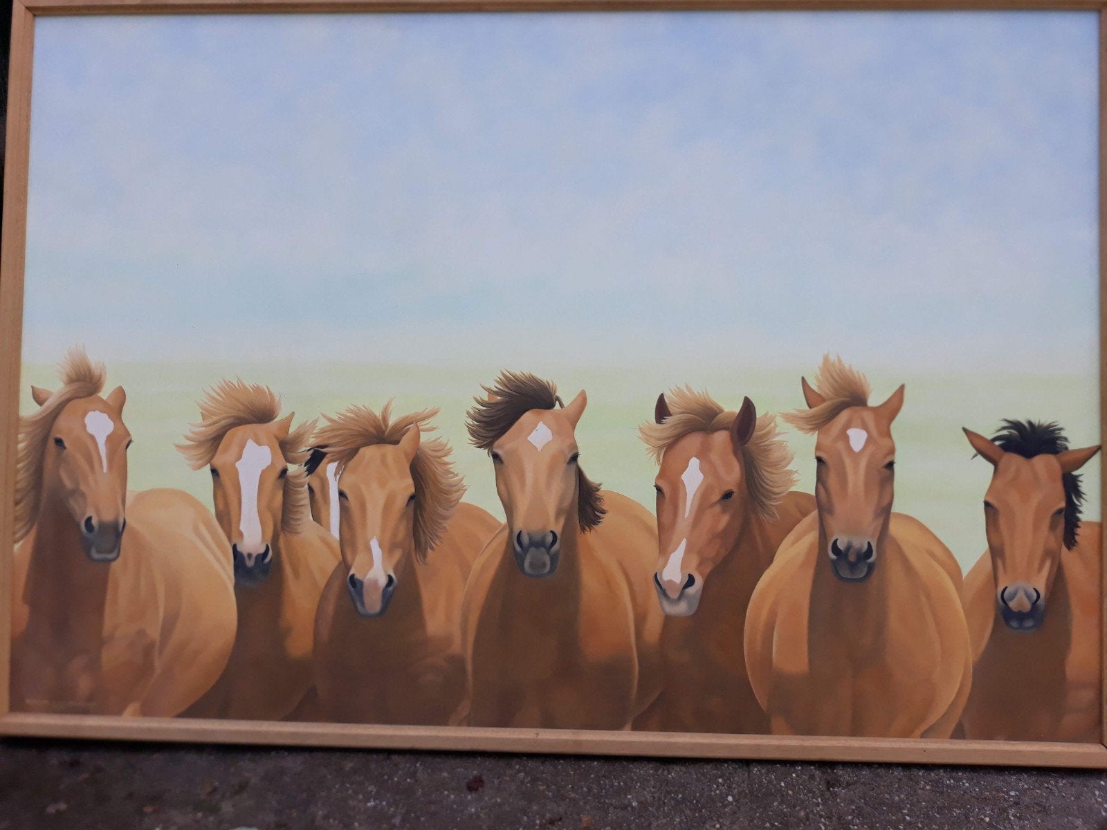 7x Paardenschilderijen op paneel met houten lijst, Antiek en Kunst, Ophalen, Paneel, Abstract, Gesigneerd