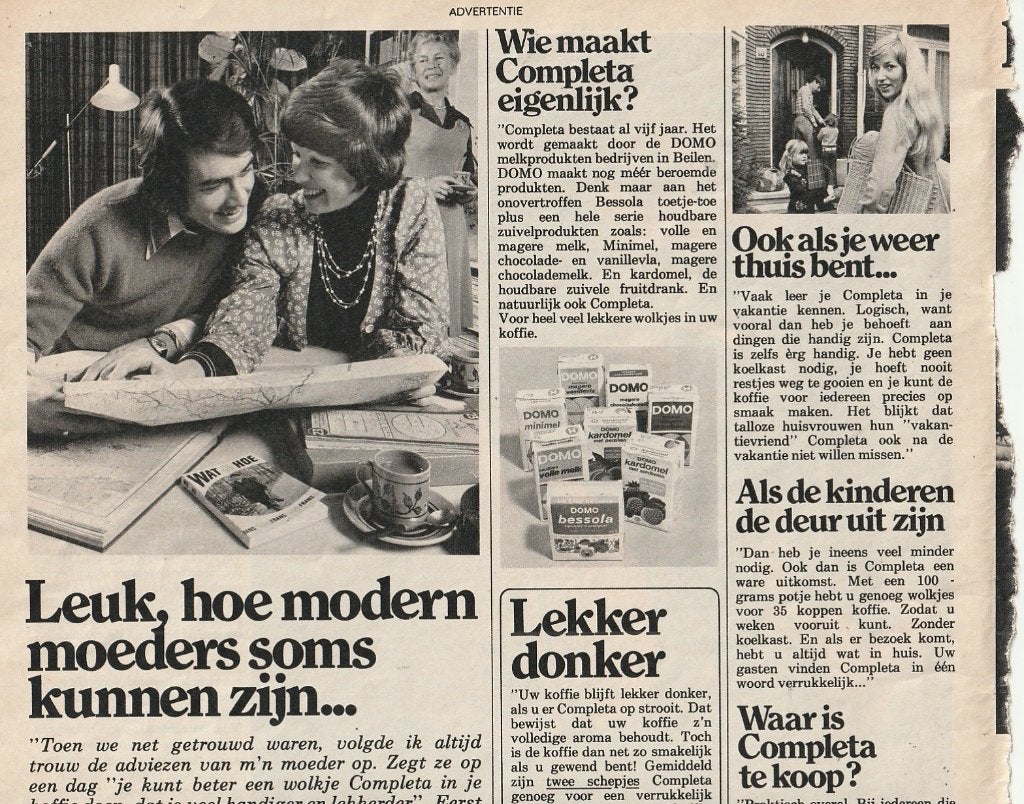 Retro reclame 1974 Domo Completa zuivel bestaat nu 5 jaar!, Verzamelen, Verzenden, Overige typen