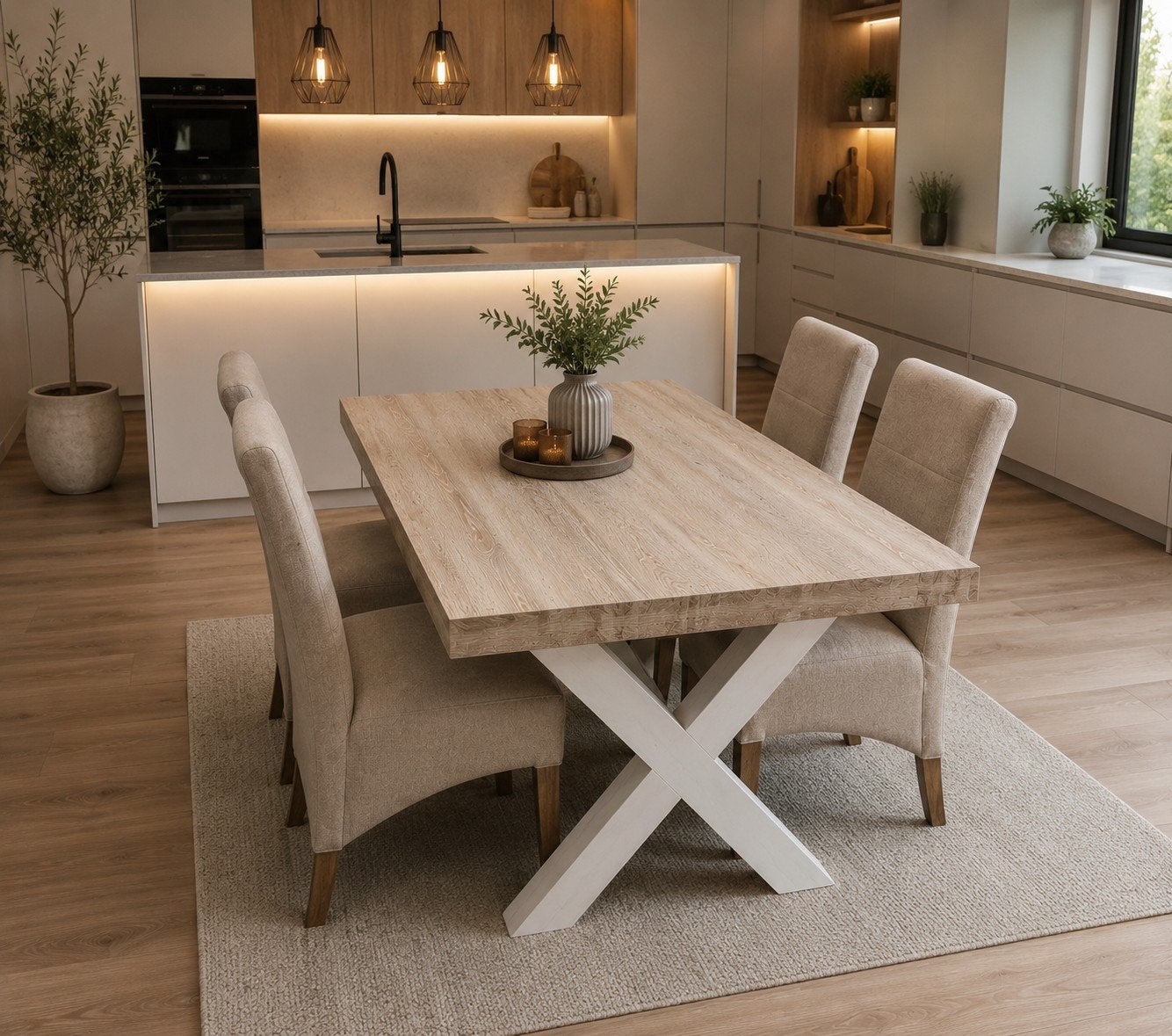 Stijlvolle eettafel met kruispoot en 4 stoelen, Huis en Inrichting, Tafels | Eettafels, Overige houtsoorten, 100 tot 150 cm, Zo goed als nieuw