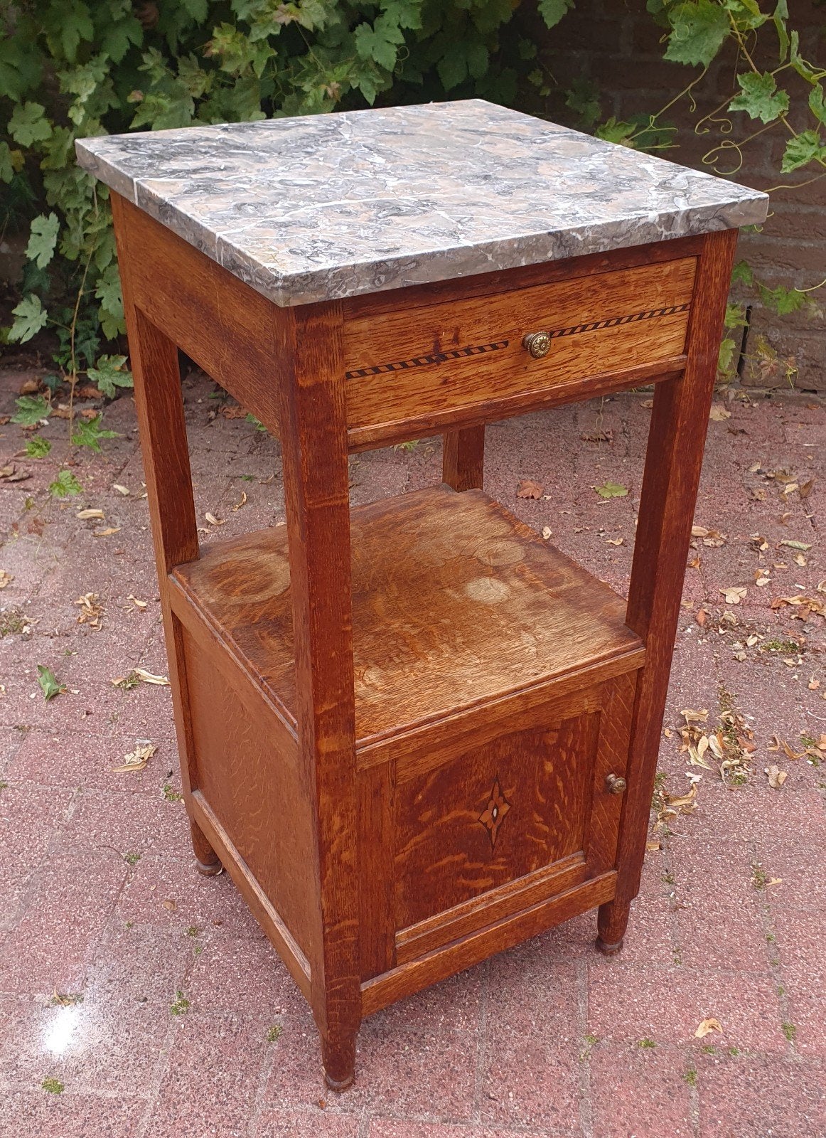 Antiek Frans Art Nouveau Nachtkastje – Eiken en marmer, Ophalen