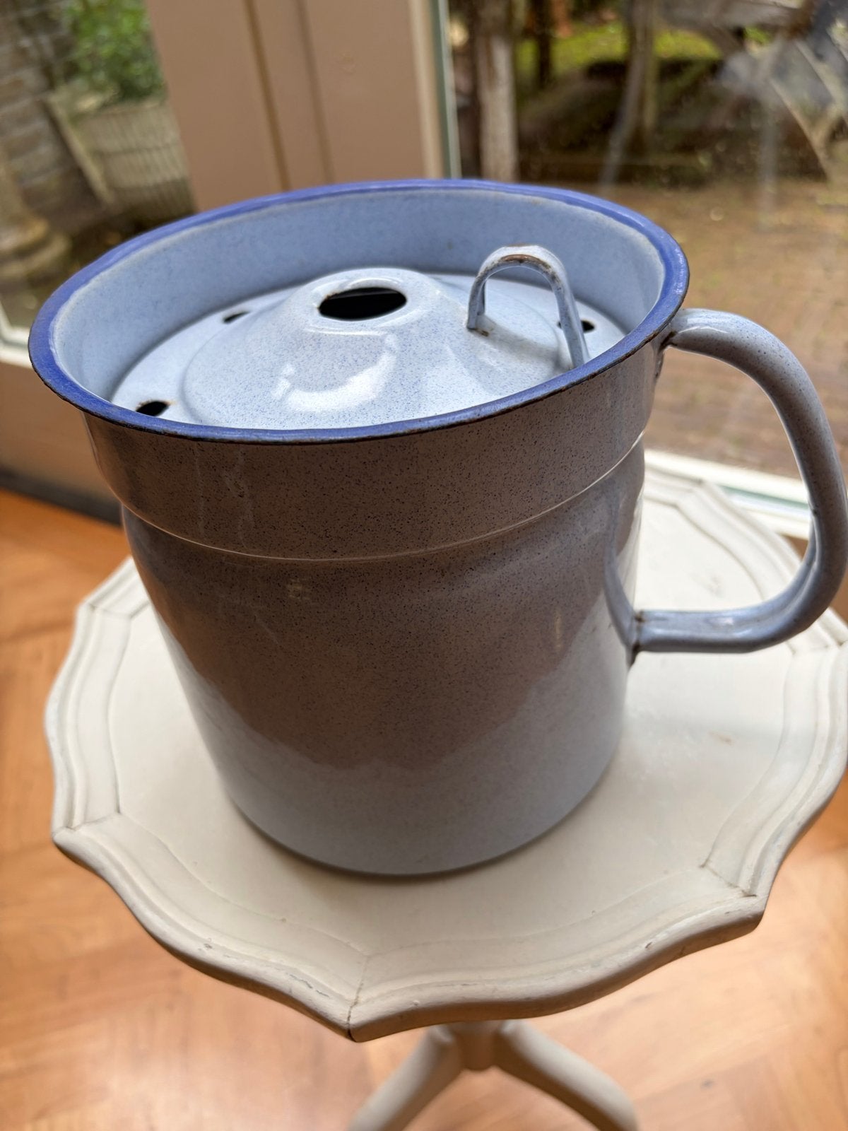 Vintage geëmailleerde melkkoker met deksel - grijs/blauw, Ophalen of Verzenden
