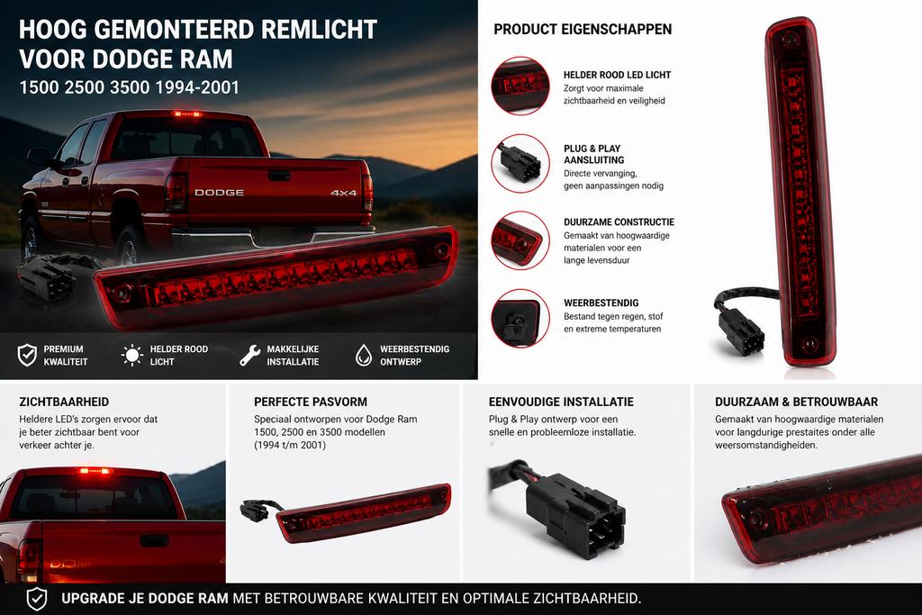 LED 3 Remlicht voor Dodge Ram 1994-2001, Ophalen of Verzenden, Nieuw, Dodge