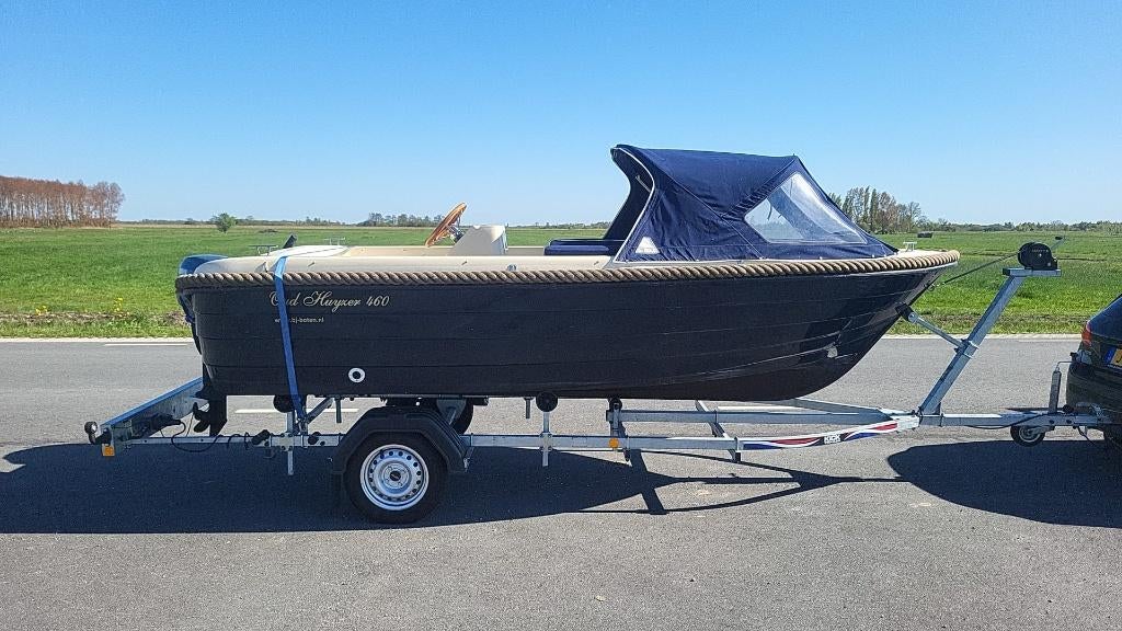 Oud Huijzer 460 + Yamaha 8pk + trailer, Watersport en Boten, Sloepen, Ophalen, Gebruikt, Buitenboordmotor, Polyester