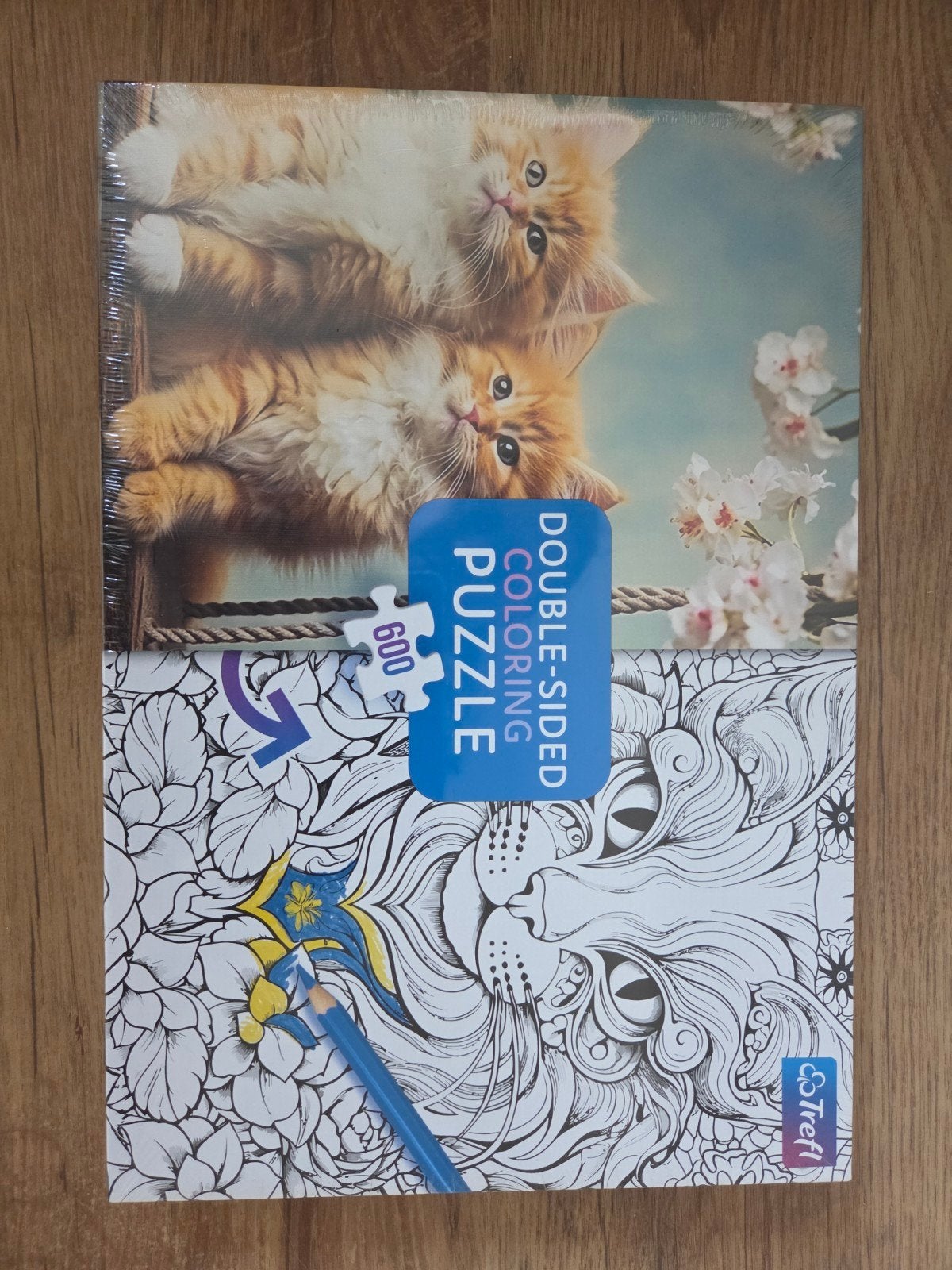 Dubbelzijdige Kleurpuzzel met Katjes en Leeuw (600 stukjes), Ophalen of Verzenden, 500 t/m 1500 stukjes, Nieuw, Legpuzzel