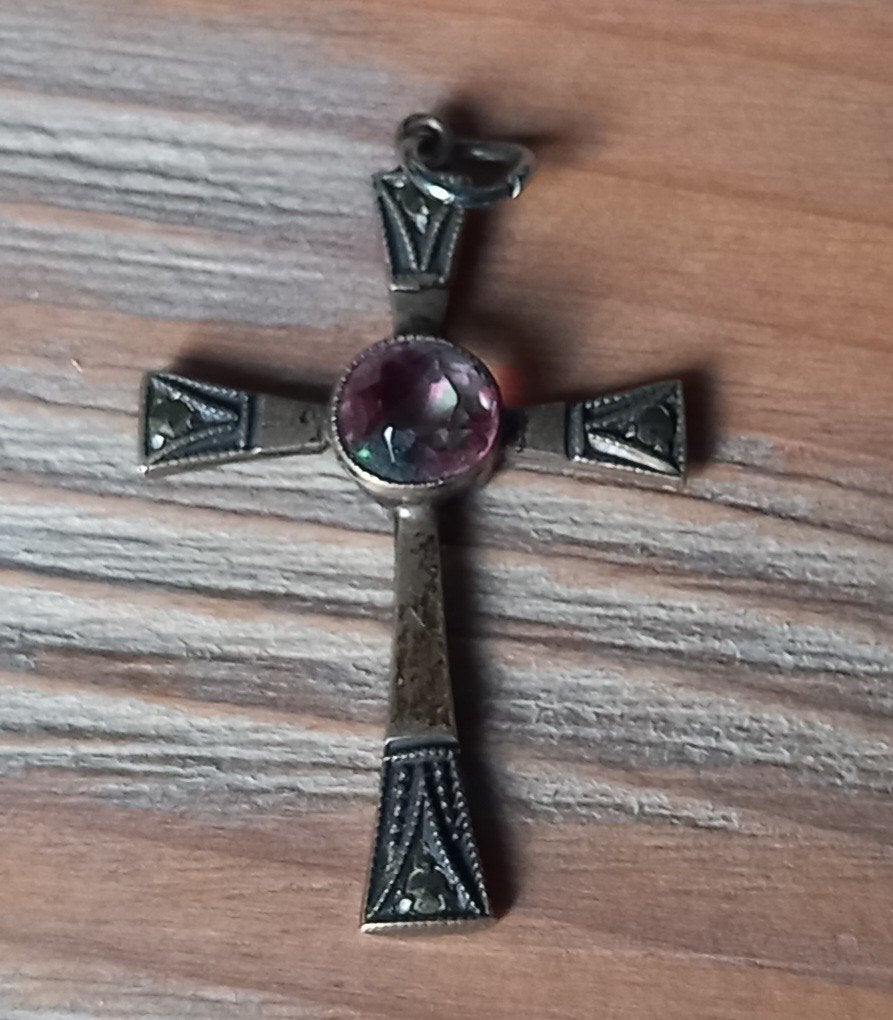Sterling zilver kruis met steen hanger, Ophalen of Verzenden, Zo goed als nieuw, Zilver, Zilver