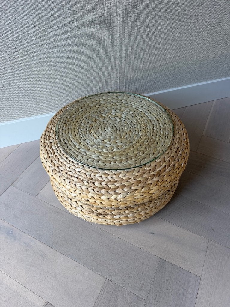 Ikea, bijzettafel/ poef, 2st ALSEDA + glasplaat, Overige materialen, Minder dan 55 cm, Gebruikt, Rond