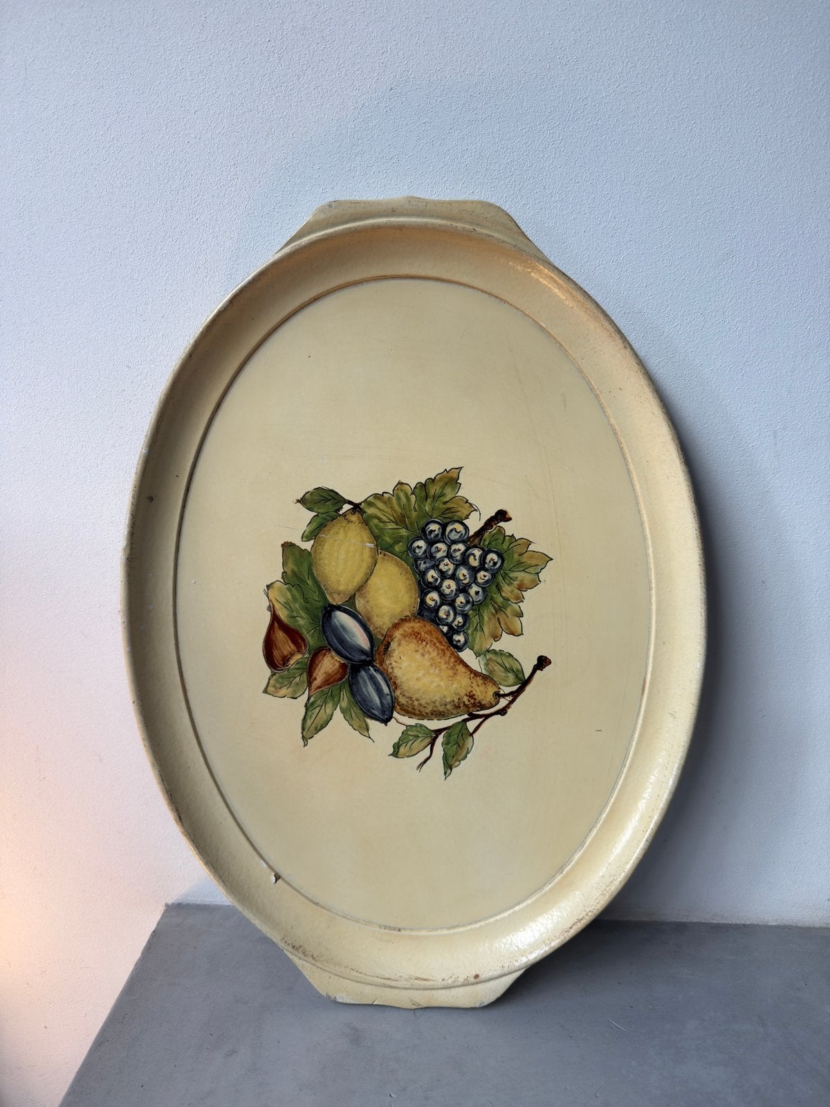 Vintage ovaal dienblad 49  36 cm – retro fruitprint – crème, Huis en Inrichting, Gebruikt, Met opstaande rand, Ophalen of Verzenden