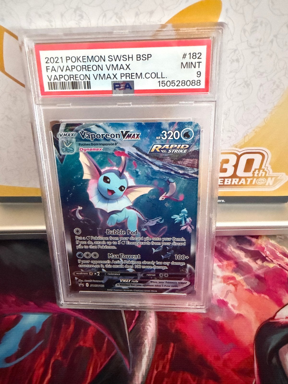 Vaporeon VMAX PSA 9 MINT Pokémon Kaart SWSH BSP #182, Ophalen, Zo goed als nieuw, Losse kaart