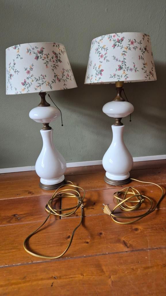 Vintage Duitse jaren 60 messing keramiek glas lamp 2x mooi, Ophalen, Glas, Minder dan 50 cm
