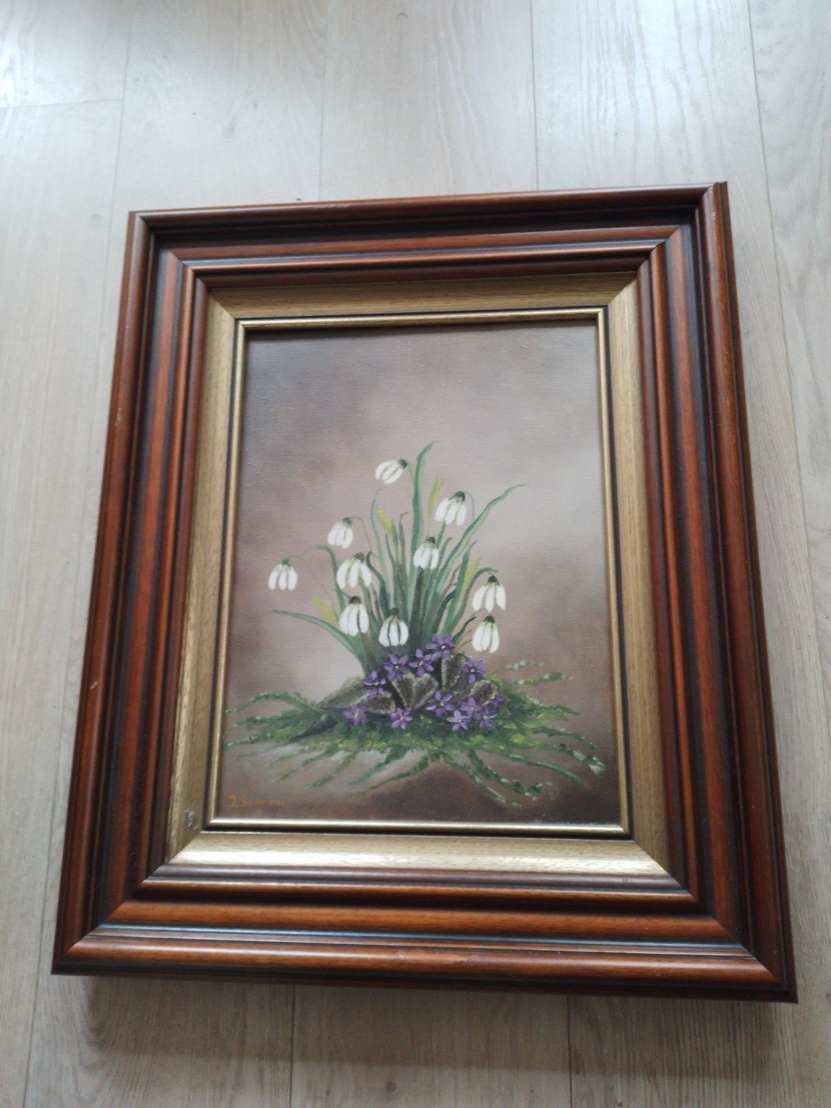 Schilderij Sneeuwklokjes en Viooltjes - Gesigneerd J. Schoor, Bloemen, Doek, Ophalen of Verzenden, Gesigneerd