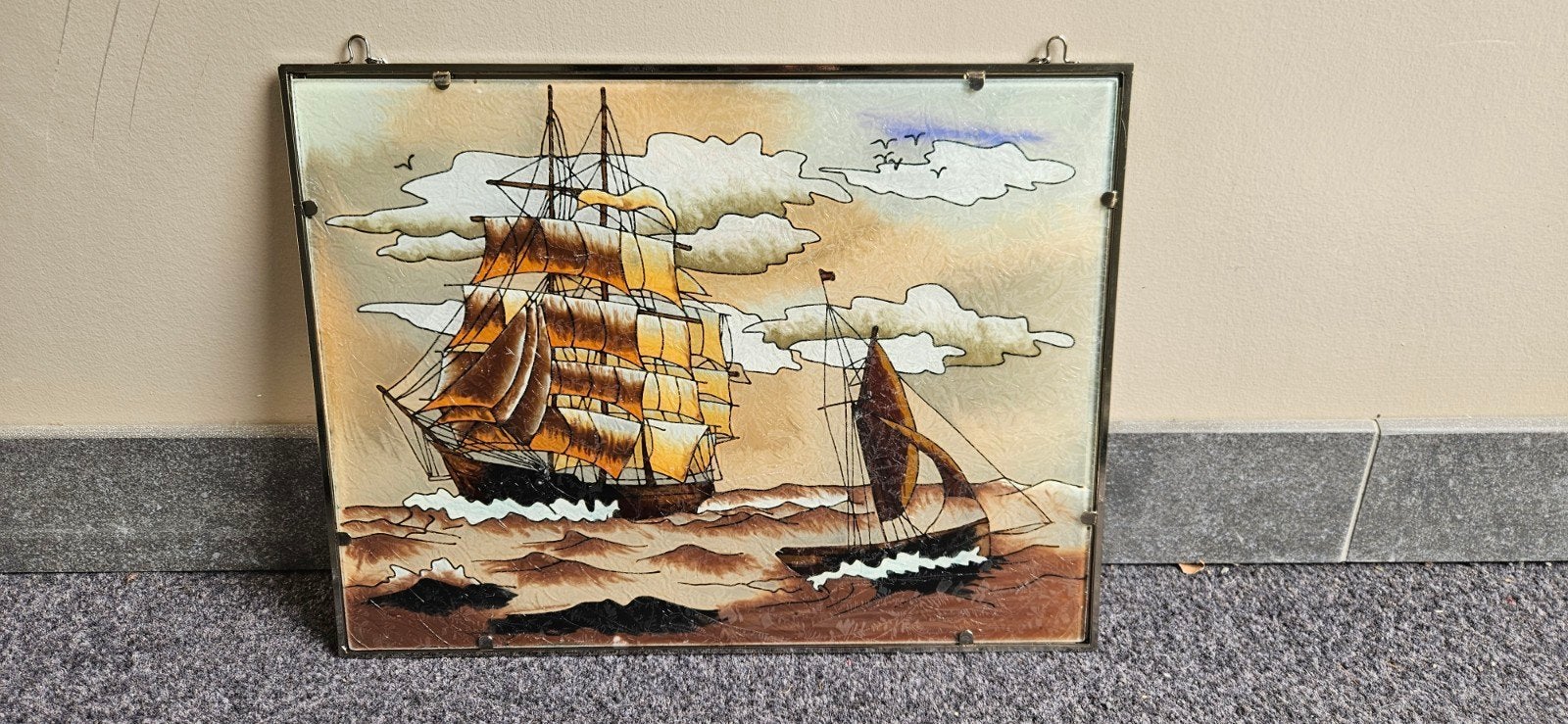 Gebrandschilderd glas-in-lood schilderij met schepen, Ophalen of Verzenden