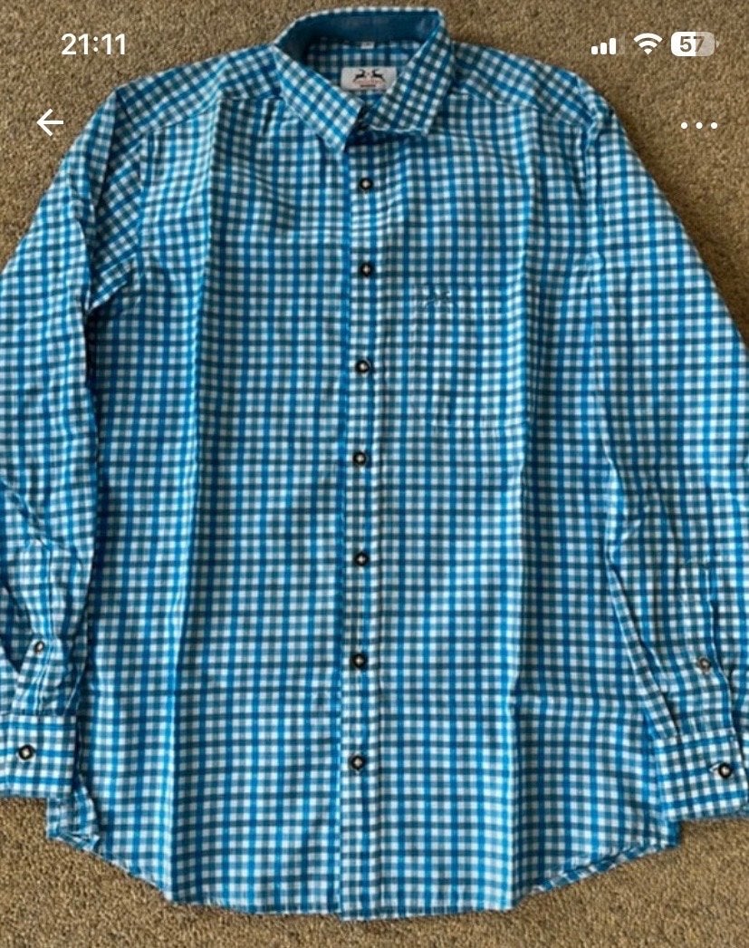Blauw wit geruit overhemd heren - Oktoberfest - Maat S, Ophalen of Verzenden, Gedragen, Blauw, Halswijdte 38 (S) of kleiner