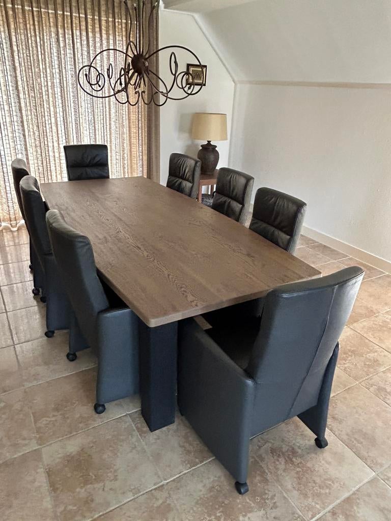 EETKAMERTAFEL + 8 LEDEREN FAUTEUILS, Ophalen, Zo goed als nieuw, 6 tot 8 stoelen