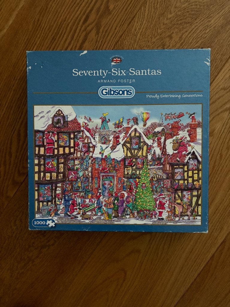 Gibson kerst puzzel Seventy-Six Santas 1000 stukjes, Ophalen of Verzenden, 500 t/m 1500 stukjes, Zo goed als nieuw, Legpuzzel