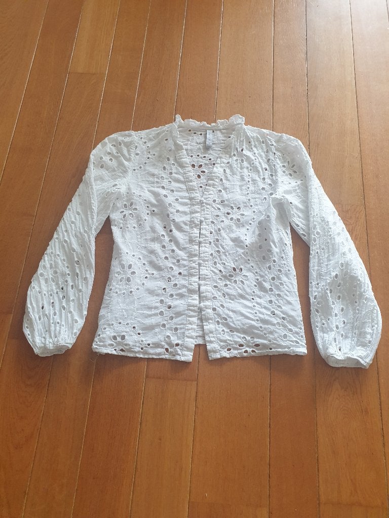 Zgan wit broderie blouse S kant blousje, Ophalen of Verzenden, Zo goed als nieuw, Maat 36 (S), Wit